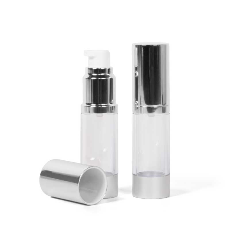 Flacon airless, transparent, bouchon en aluminium, 15 ml