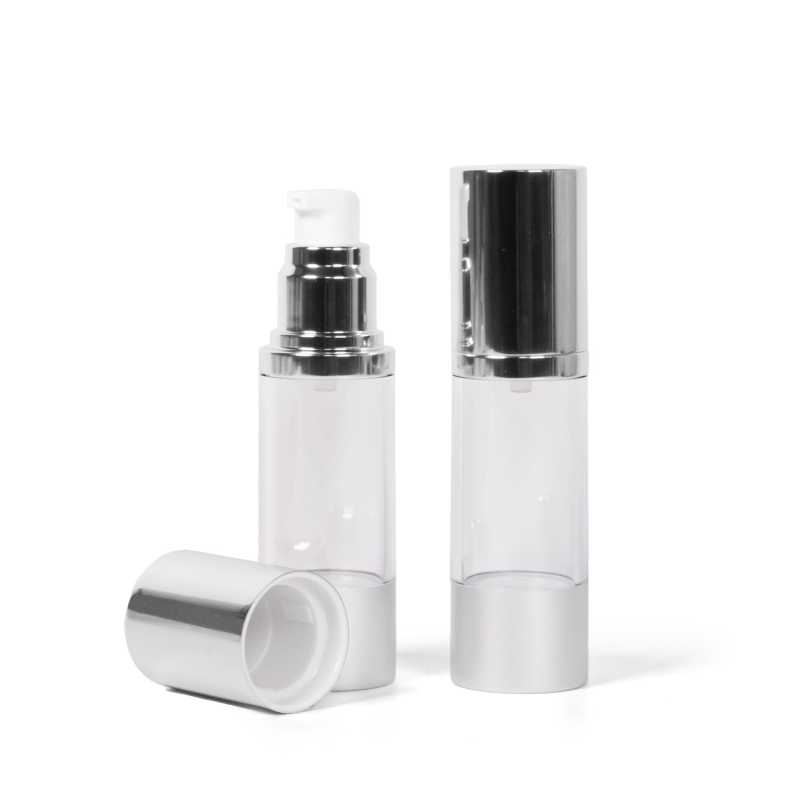 Flacon airless, transparent, bouchon en aluminium, 30 ml