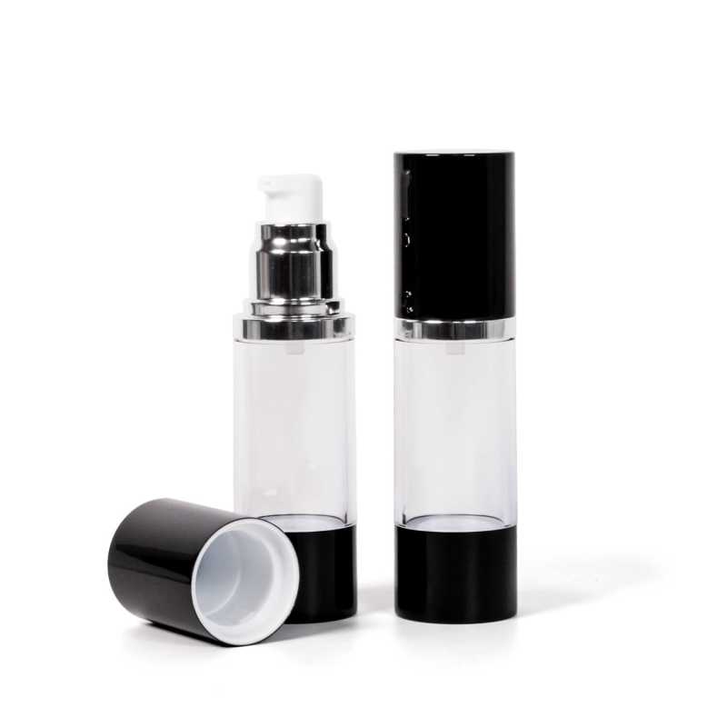 Flacon airless transparent avec bouchon noir, 30 ml