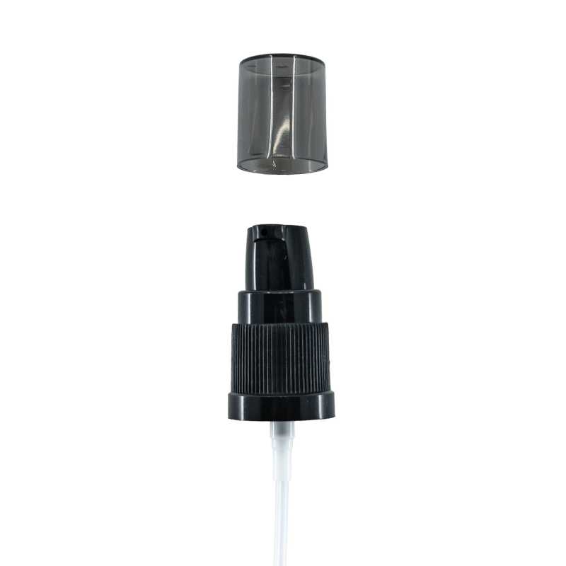 Pompe lotion, plastique, noir, bouchon fumé, 18/415