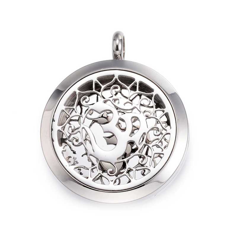 Pendentif diffuseur, acier inoxydable chirurgical, symbole Om, motif filigrané