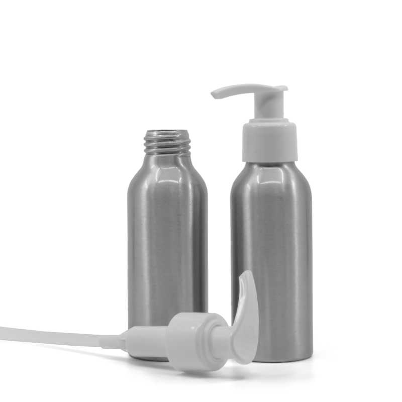 Flacon en aluminium, pompe blanche, 100 ml