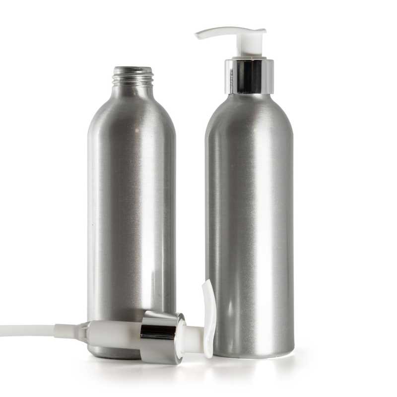 Bouteille en aluminium, pompe à lotion blanche avec col argenté brillant, 225 ml