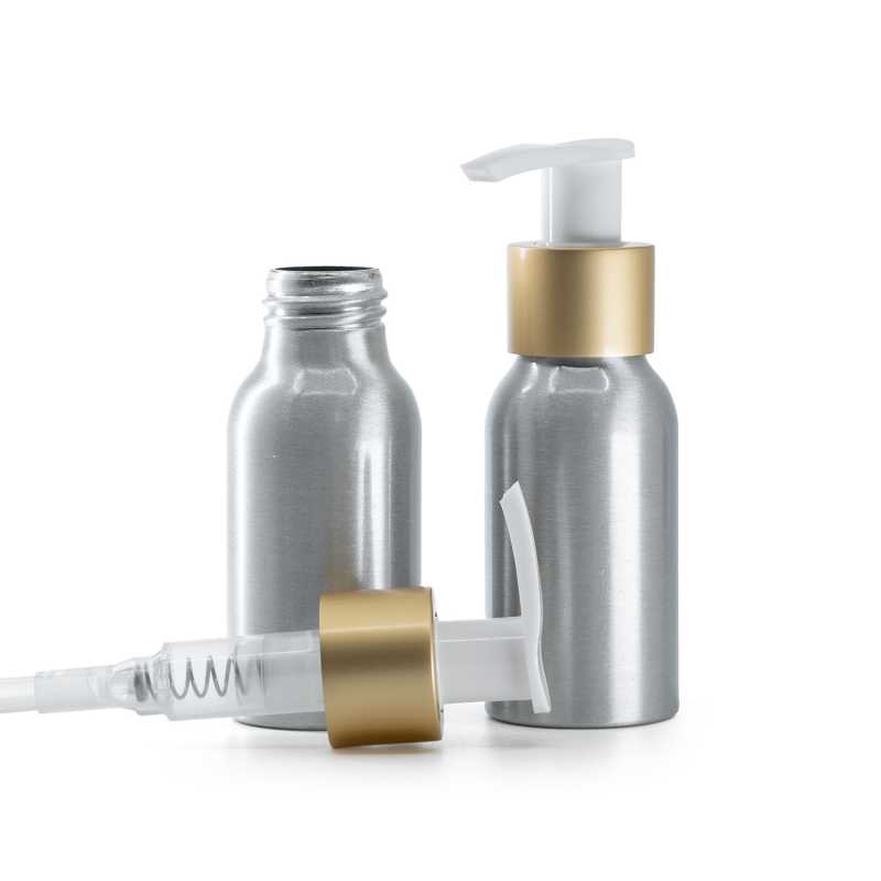 Flacon en aluminium, pompe blanche avec bague or mat, 50 ml