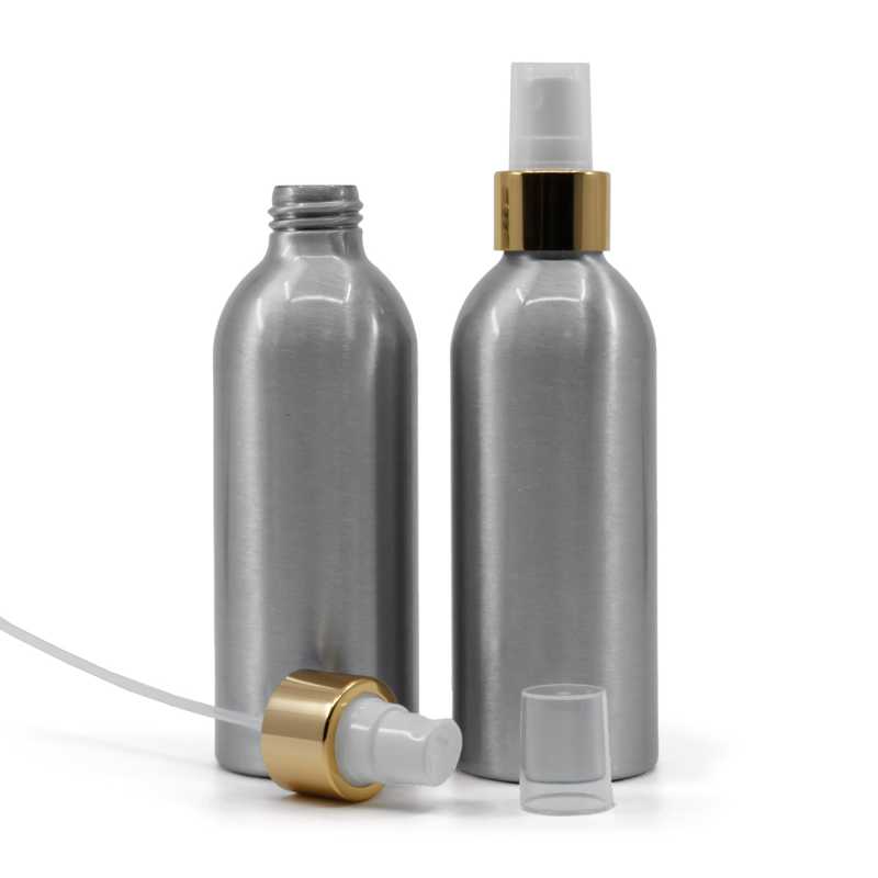 Bouteille en aluminium, vaporisateur blanc avec collerette dorée brillante, 200 ml