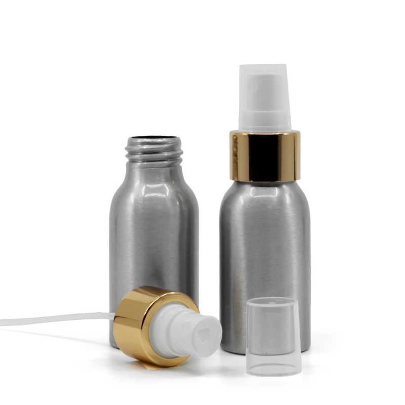 Flacon en aluminium, vaporisateur blanc avec collerette dorée brillante, 50 ml