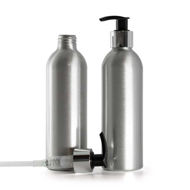 Bouteille en aluminium, pompe à lotion noire avec col argenté brillant, 225 ml