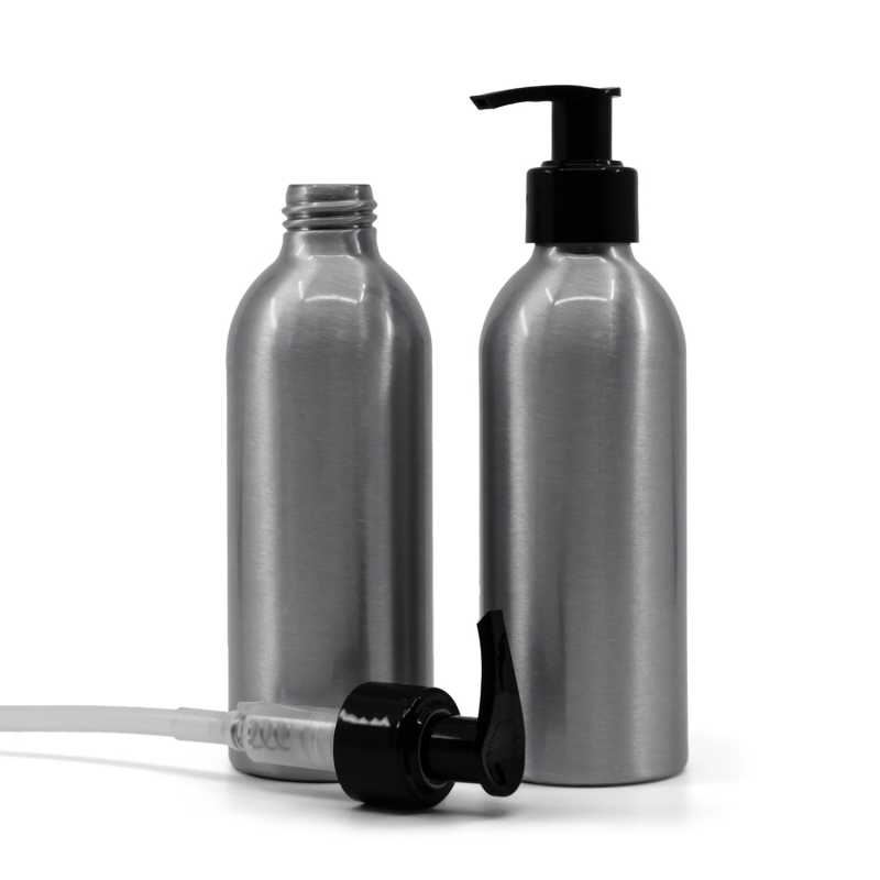 Bouteille en aluminium, pompe noire, 200 ml