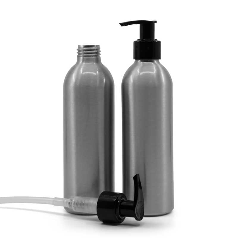 Bouteille en aluminium, pompe noire, 225 ml