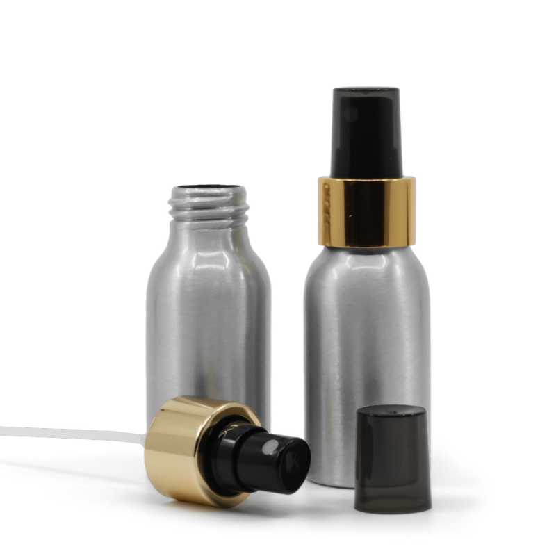 Bouteille en aluminium, vaporisateur noir avec collerette dorée brillante, 50 ml