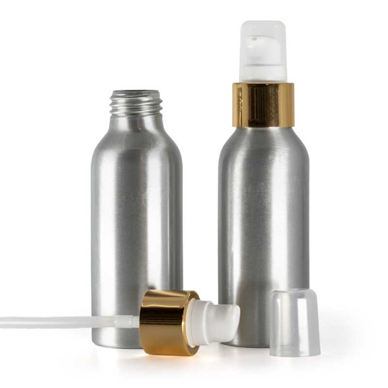 Flacon en aluminium, pompe à lotion blanche avec bouchon, or brillant, 100 ml