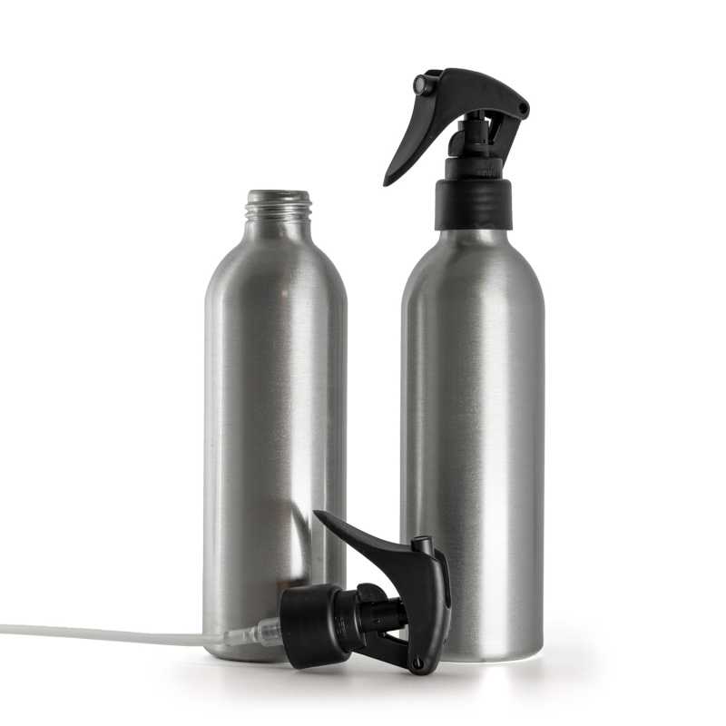 Bouteille en aluminium, mini vaporisateur à gâchette, noir mat, col lisse, 225 ml