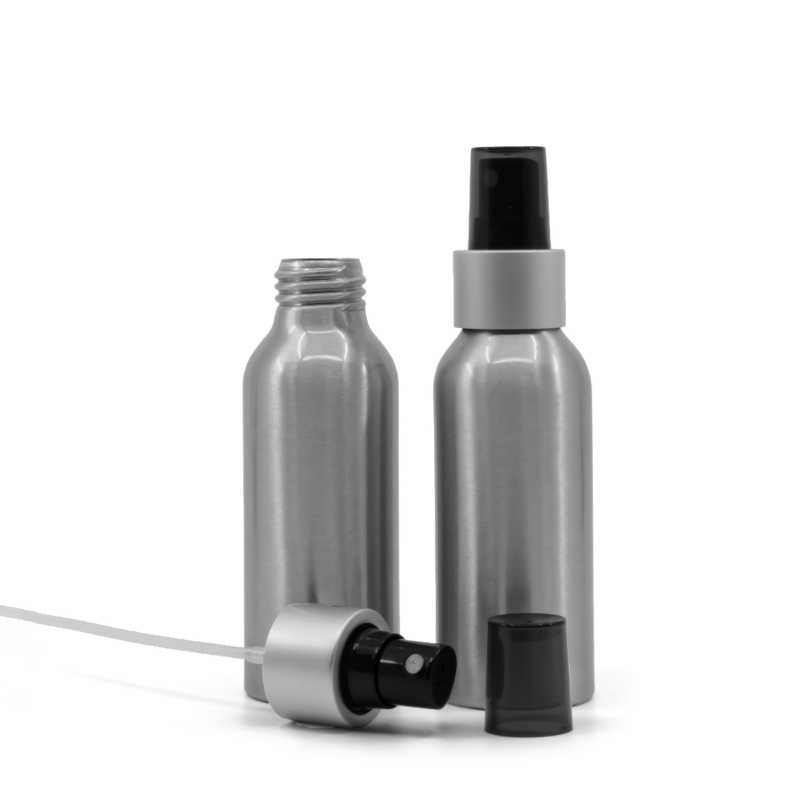 Bouteille en aluminium, vaporisateur noir avec col argenté mat, bouchon fumé, 100 ml