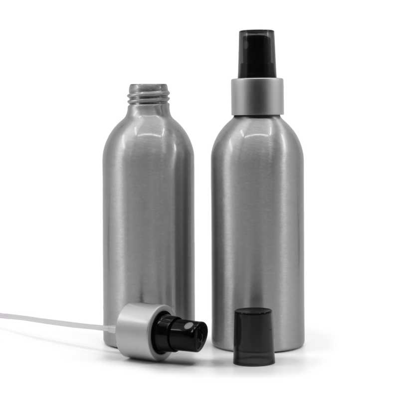 Bouteille en aluminium, vaporisateur noir avec col argenté mat, bouchon fumé, 200 ml
