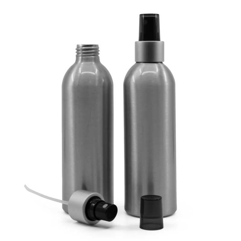 Bouteille en aluminium, vaporisateur noir avec col argenté mat, bouchon fumé, 225 ml