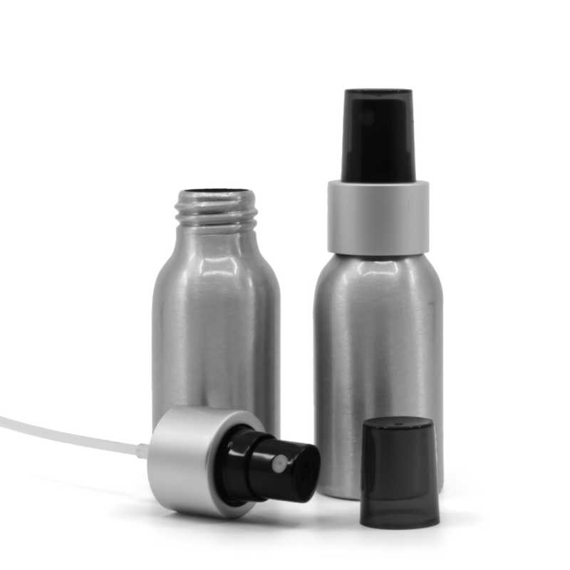 Bouteille en aluminium, spray noir, col argenté mat, bouchon fumé, 50 ml