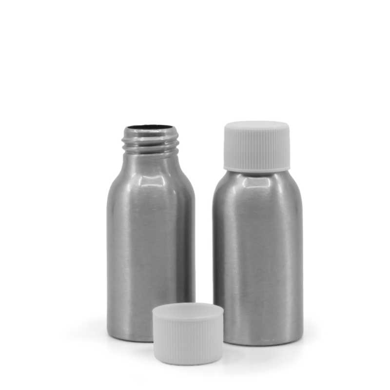 Flacon en aluminium avec bouchon en plastique blanc, 50 ml