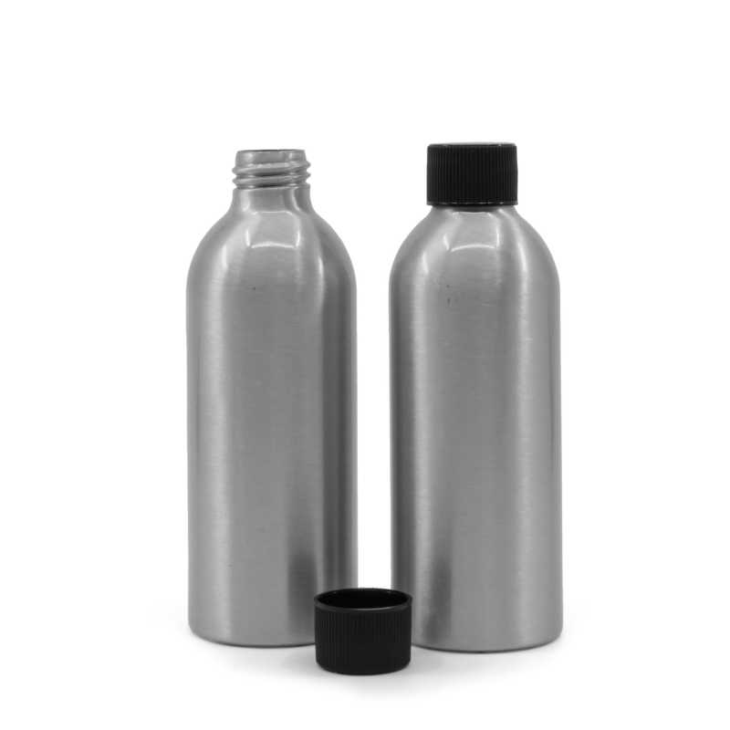 Bouteille en aluminium avec bouchon en plastique strié noir, 200 ml