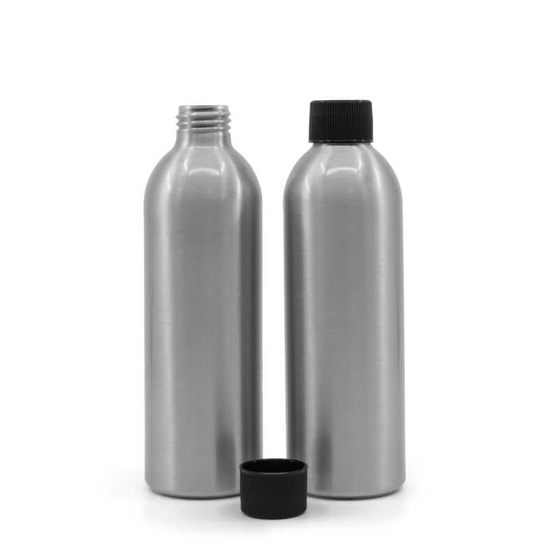 Bouteille en aluminium avec bouchon en plastique strié noir, 225 ml