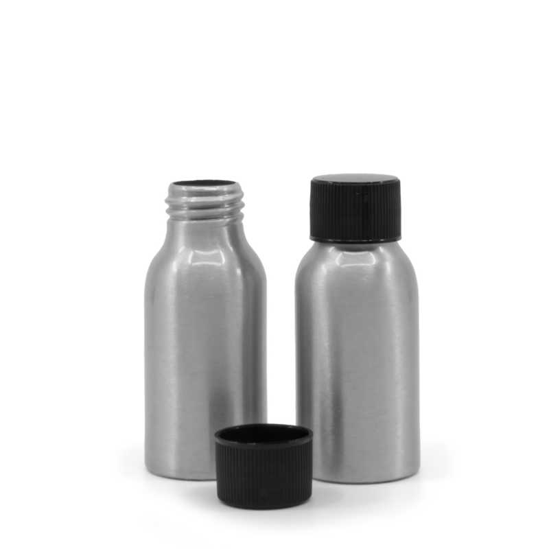 Bouteille en aluminium avec bouchon en plastique strié noir, 50 ml