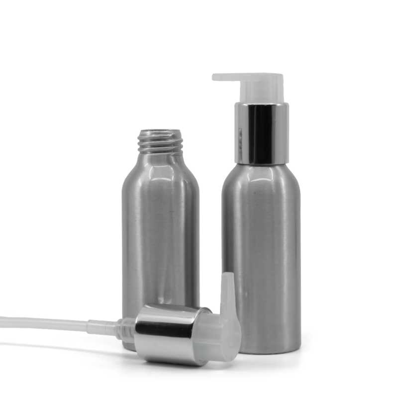 Flacon en aluminium, pompe en argent, 100 ml