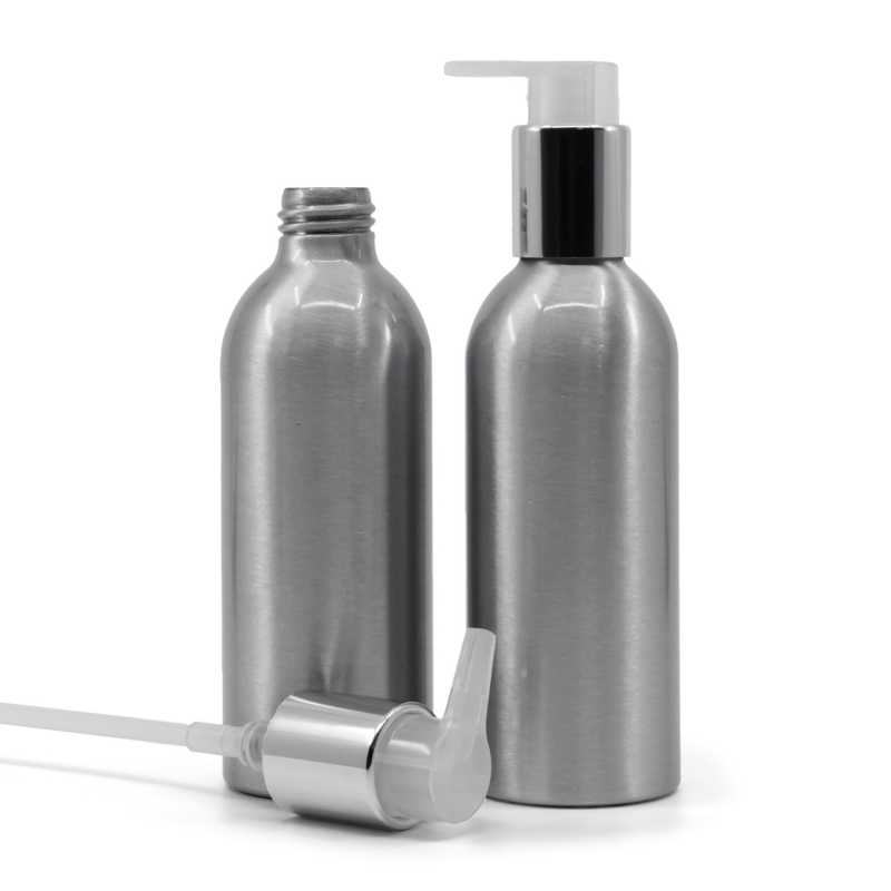 Bouteille en aluminium, pompe argentée, 200 ml