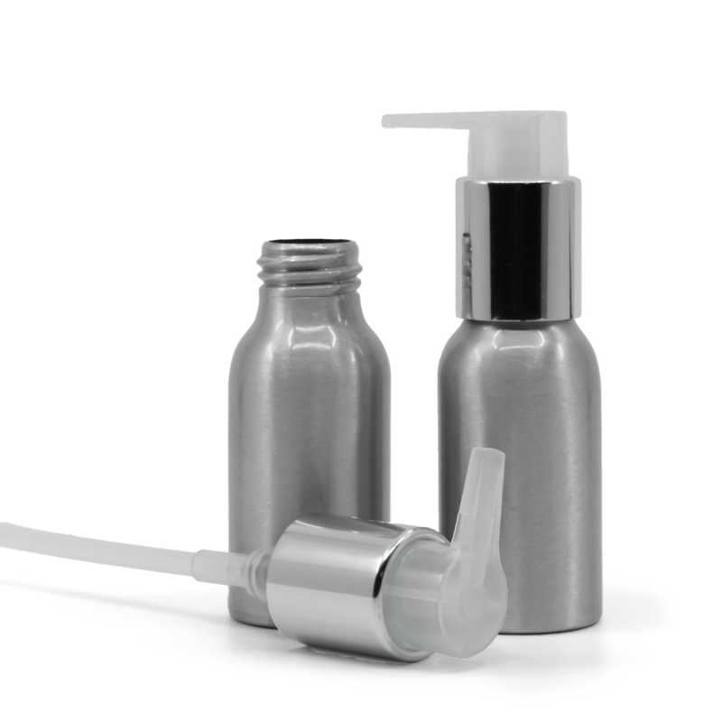 Flacon en aluminium, pompe en argent brillant, 50 ml