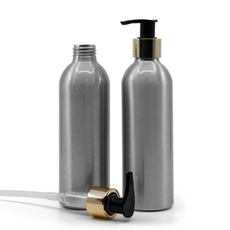 Bouteille en aluminium, pompe dorée, 225 ml