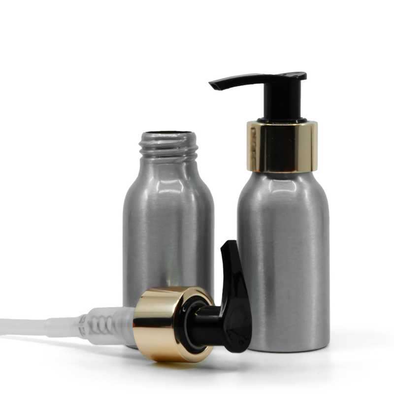 Flacon en aluminium 50 ml, pompe dorée