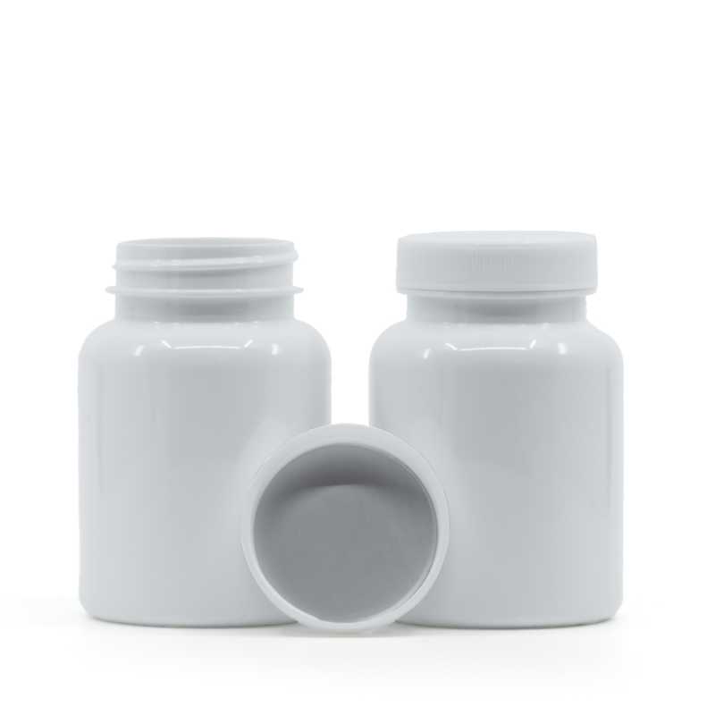 Pilulier en plastique blanc, couvercle blanc, scellé par induction, 150 ml
