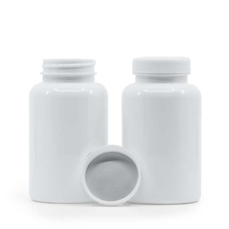 Pilulier en plastique blanc, couvercle blanc, scellé par induction, 250 ml