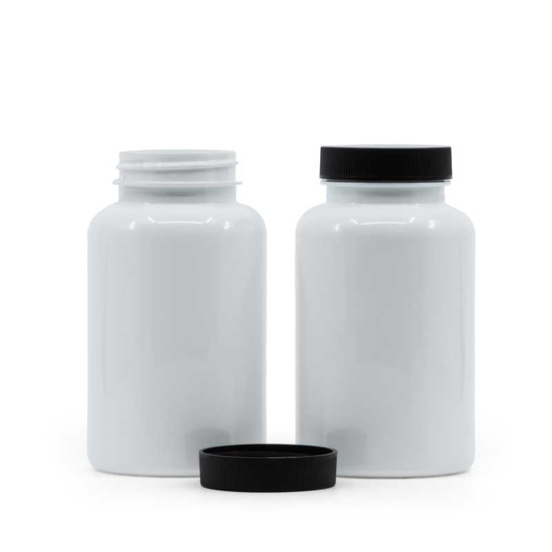 Pilulier en plastique blanc avec couvercle noir, 250 ml