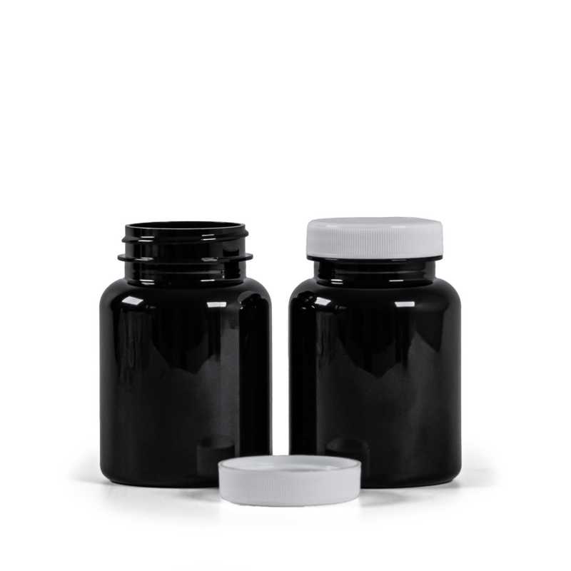 Pilulier en plastique noir avec couvercle blanc, 150 ml