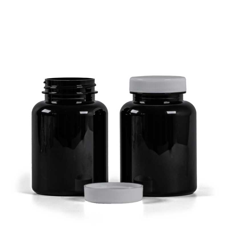 Pilulier en plastique noir avec couvercle blanc, 200 ml