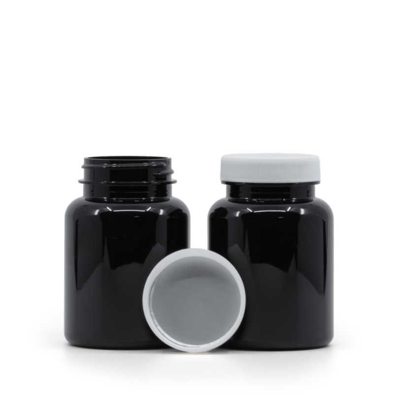 Pilulier en plastique noir, couvercle blanc, Induction Innerseal, 150 ml