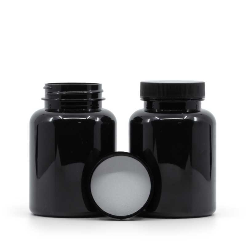 Pilulier en plastique noir, couvercle noir, scellé par induction, 200 ml