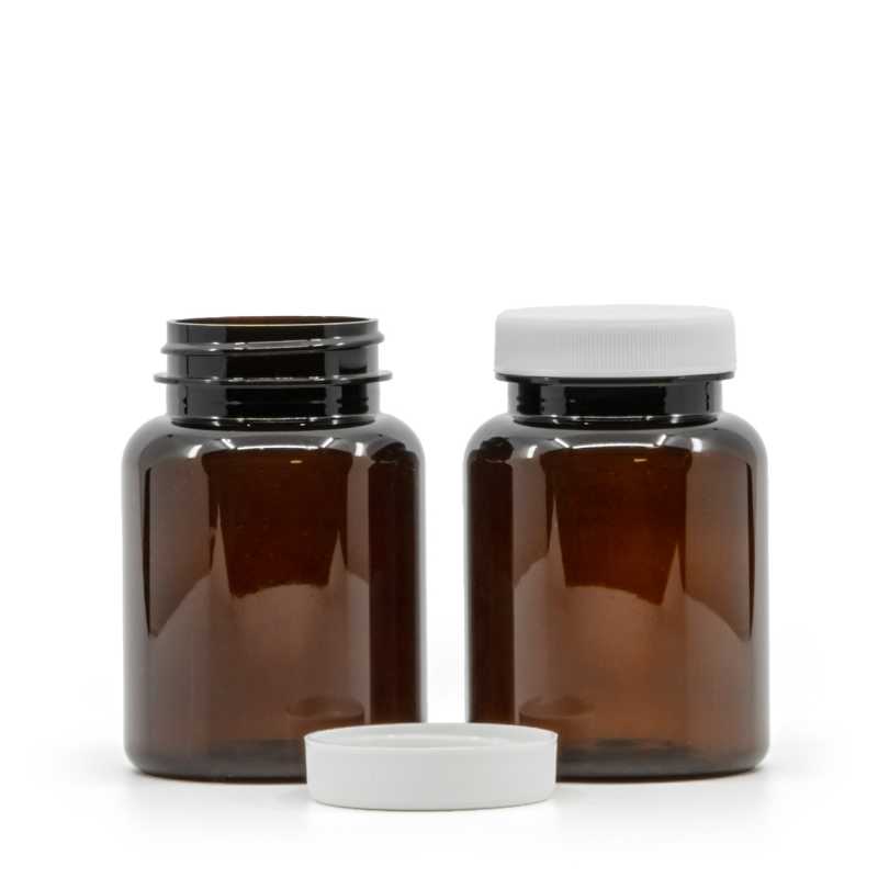 Pilulier en plastique ambré avec couvercle blanc, 150 ml