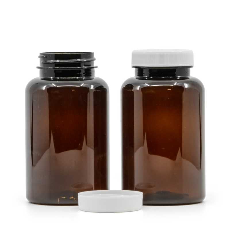 Pilulier en plastique ambré avec couvercle blanc, 250 ml