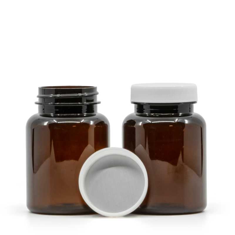 Pilulier en plastique ambré, couvercle blanc, Induction Innerseal, 150 ml