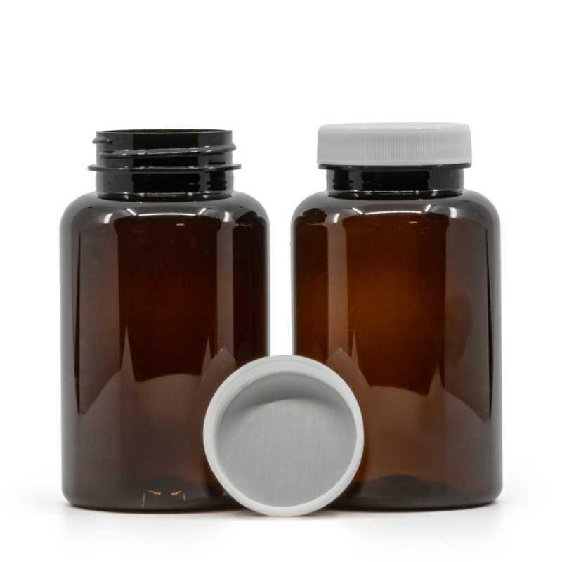 Pilulier en plastique ambré, couvercle blanc, Induction Innerseal, 250 ml