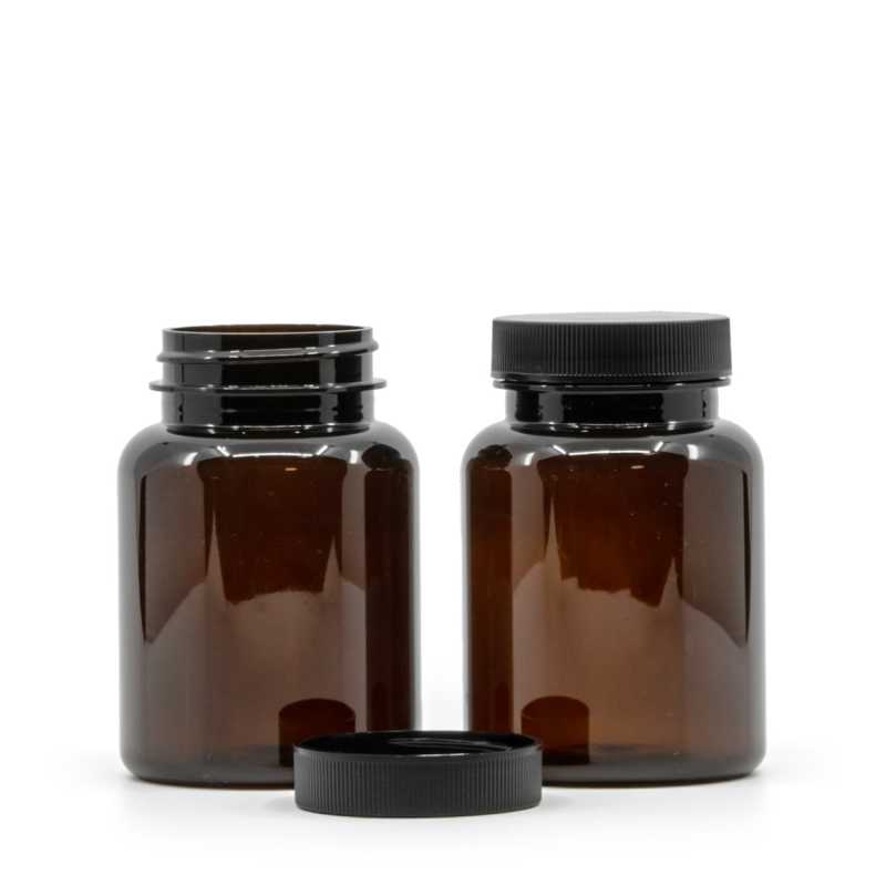 Pilulier en plastique ambré avec couvercle noir, 150 ml