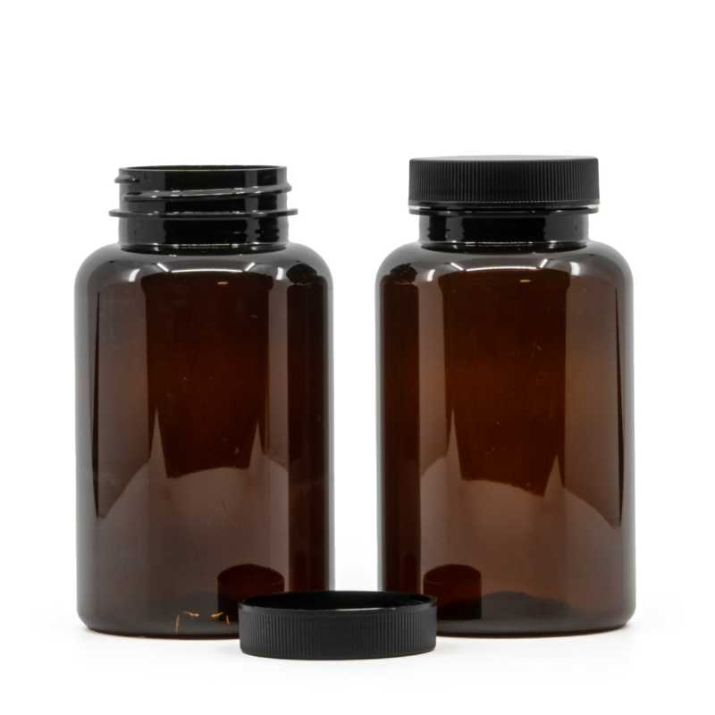 Pilulier en plastique ambré avec couvercle noir, 250 ml