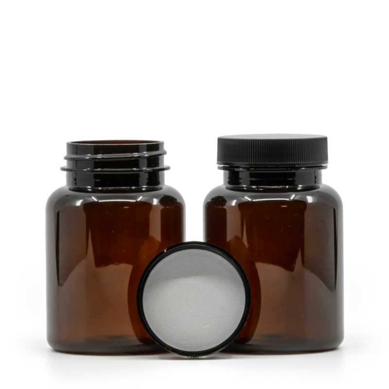 Pilulier en plastique, ambre, couvercle noir, Induction Innerseal, 150 ml