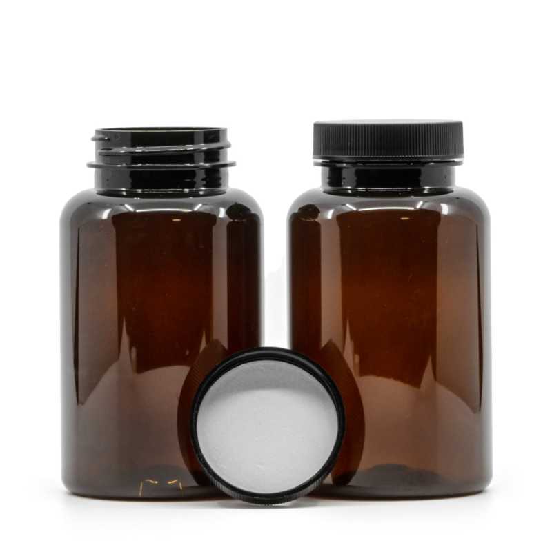 Pilulier en plastique ambré, couvercle noir, Induction Innerseal, 250 ml