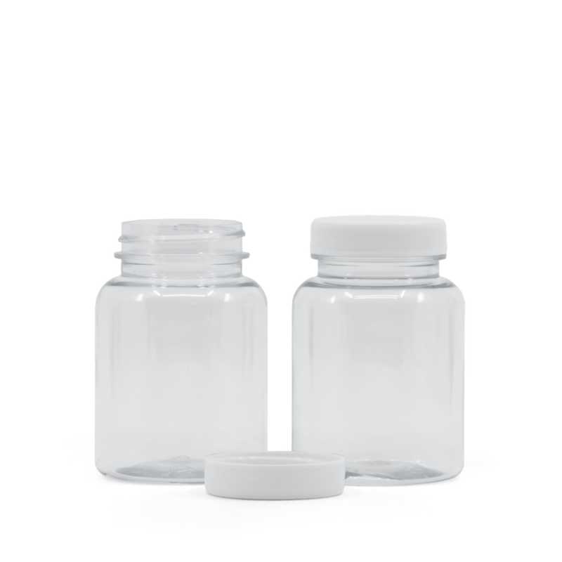 Pilulier en plastique transparent avec couvercle blanc, 150 ml
