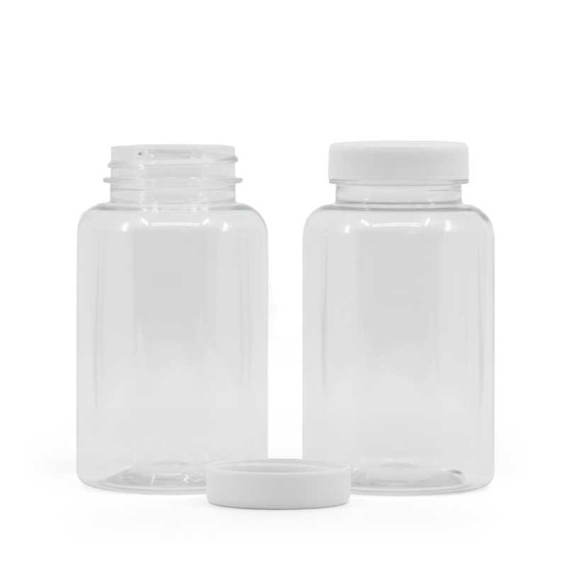 Pilulier en plastique transparent avec couvercle blanc, 250 ml