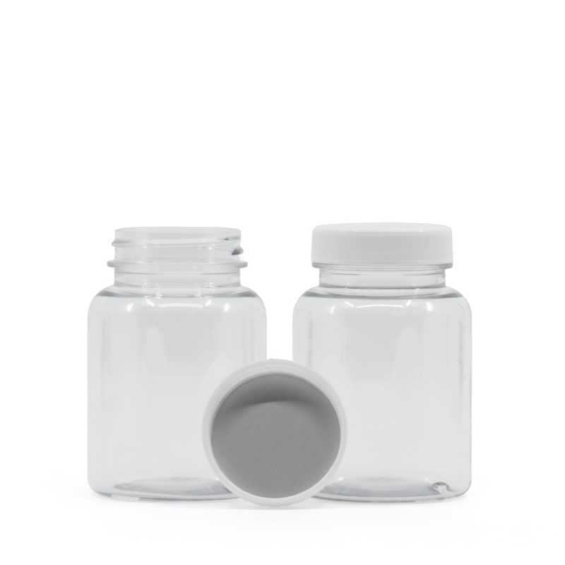 Pilulier en plastique transparent, couvercle blanc, scellé par induction, 150 ml