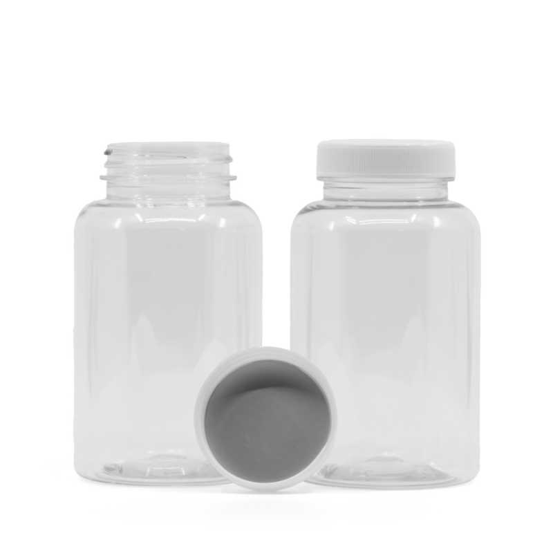 Pilulier en plastique transparent, couvercle blanc, scellé par induction, 250 ml