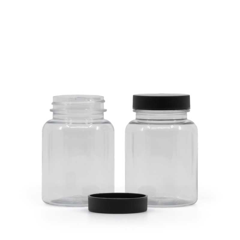 Pilulier en plastique transparent avec couvercle noir, 150 ml