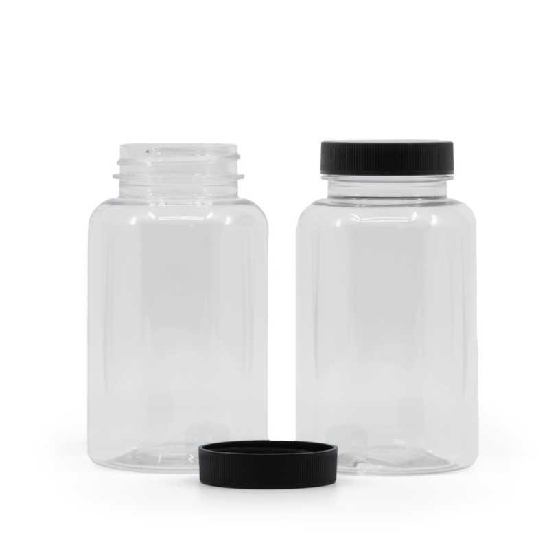 Pilulier en plastique transparent avec couvercle noir, 250 ml